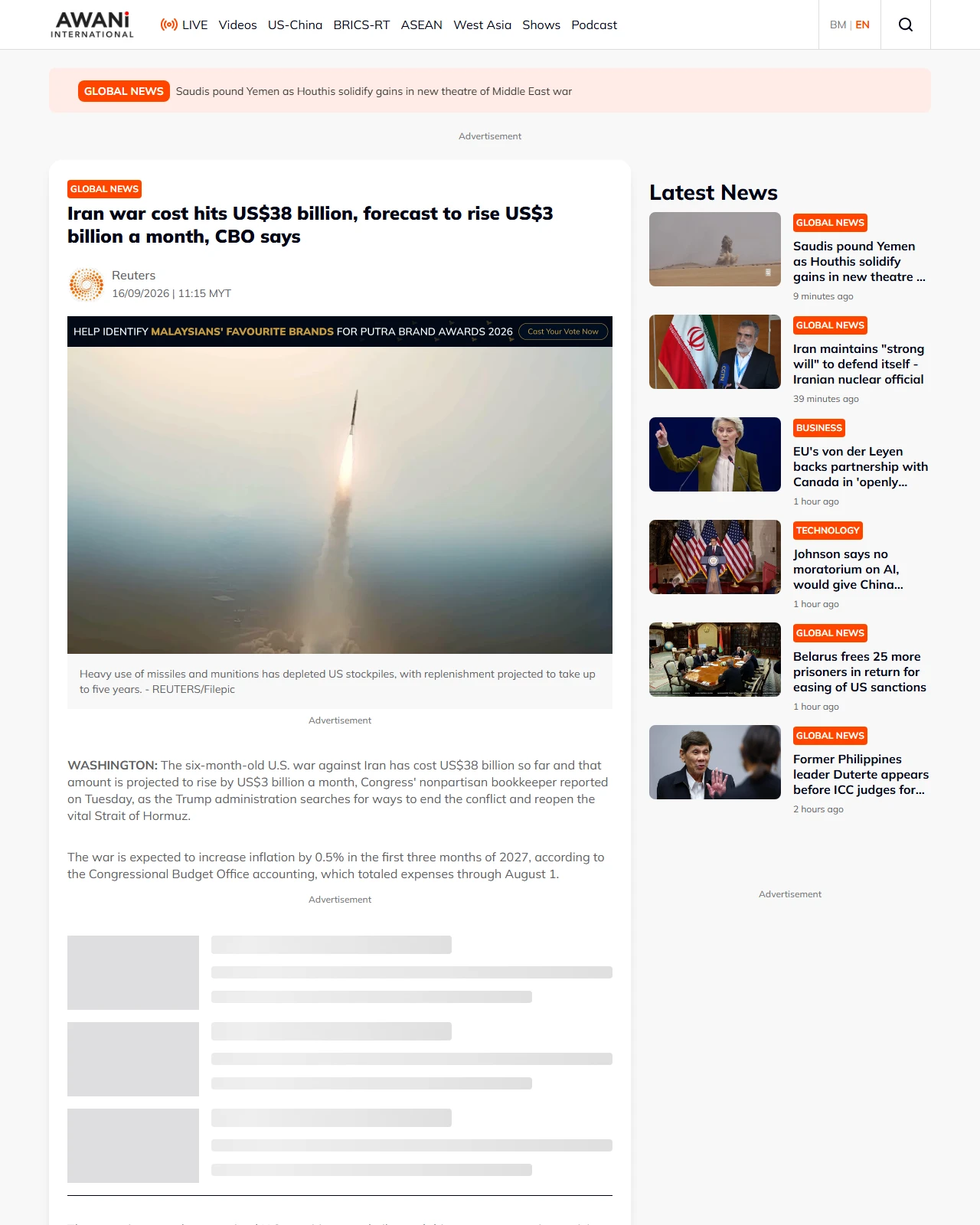 international.astroawani.com as published: Iran war cost hits US$38 billion, forecast to rise US$3 billion a month, CBO says