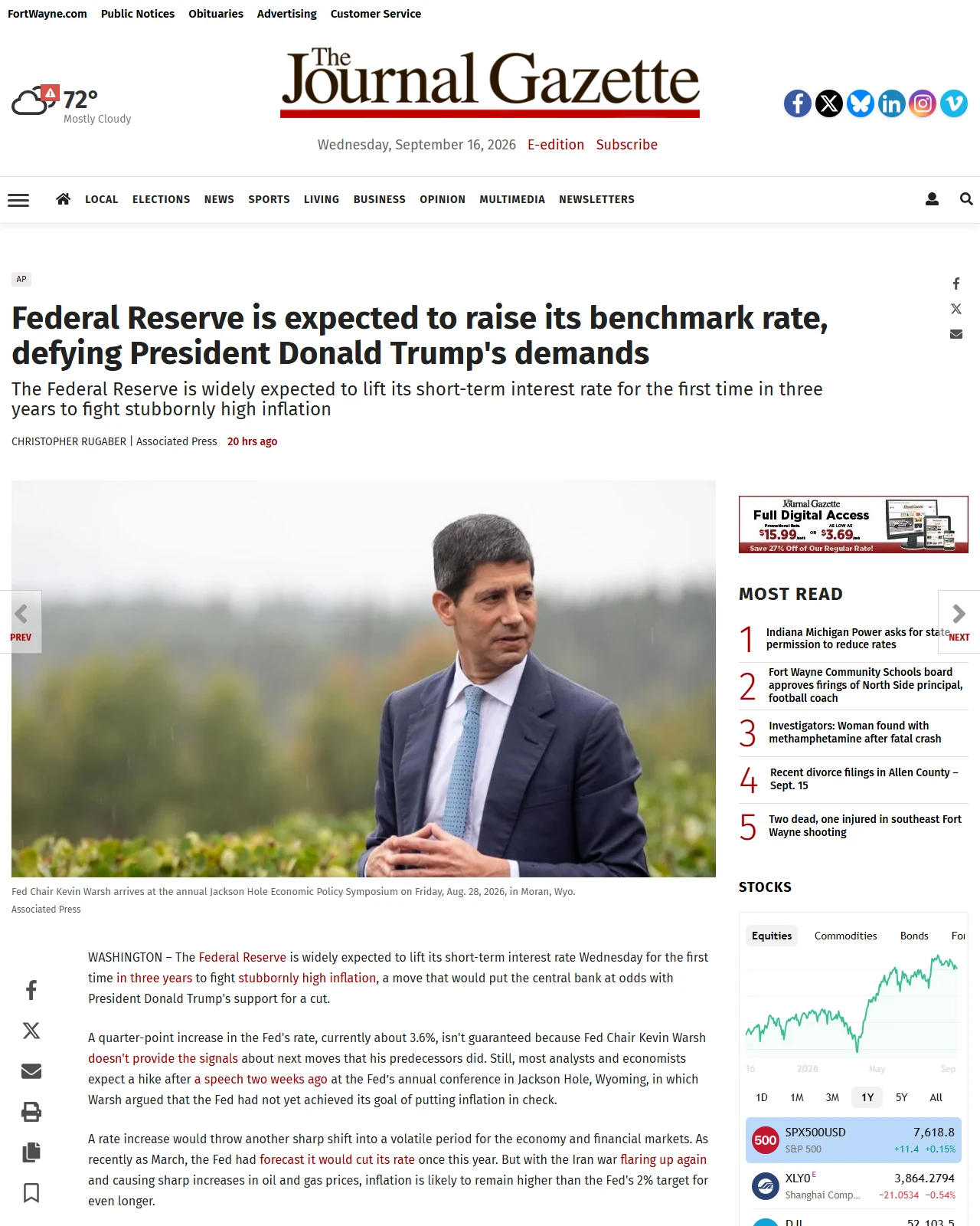 journalgazette.net as published: Federal Reserve is expected to raise its benchmark rate, defying President Donald Trump's demands