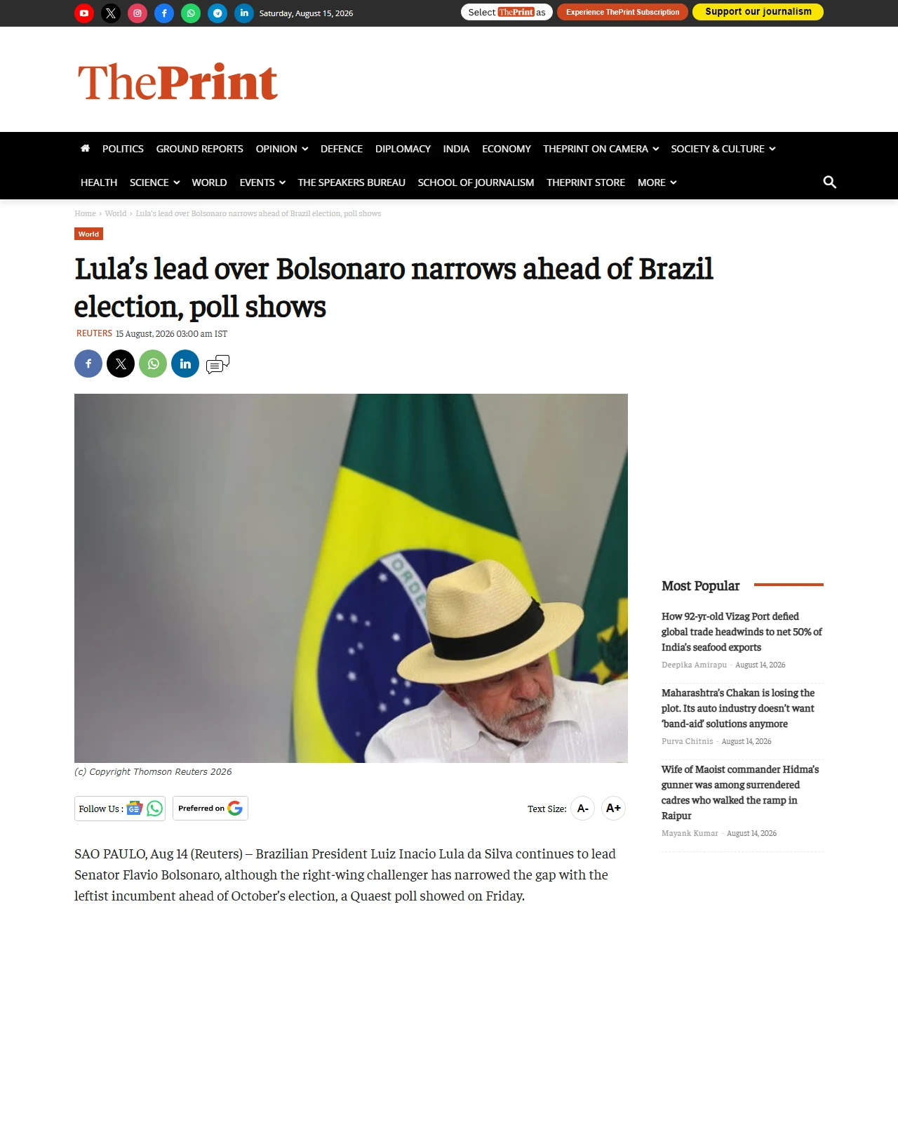 theprint.in as published: Lula’s lead over Bolsonaro narrows ahead of Brazil election, poll shows