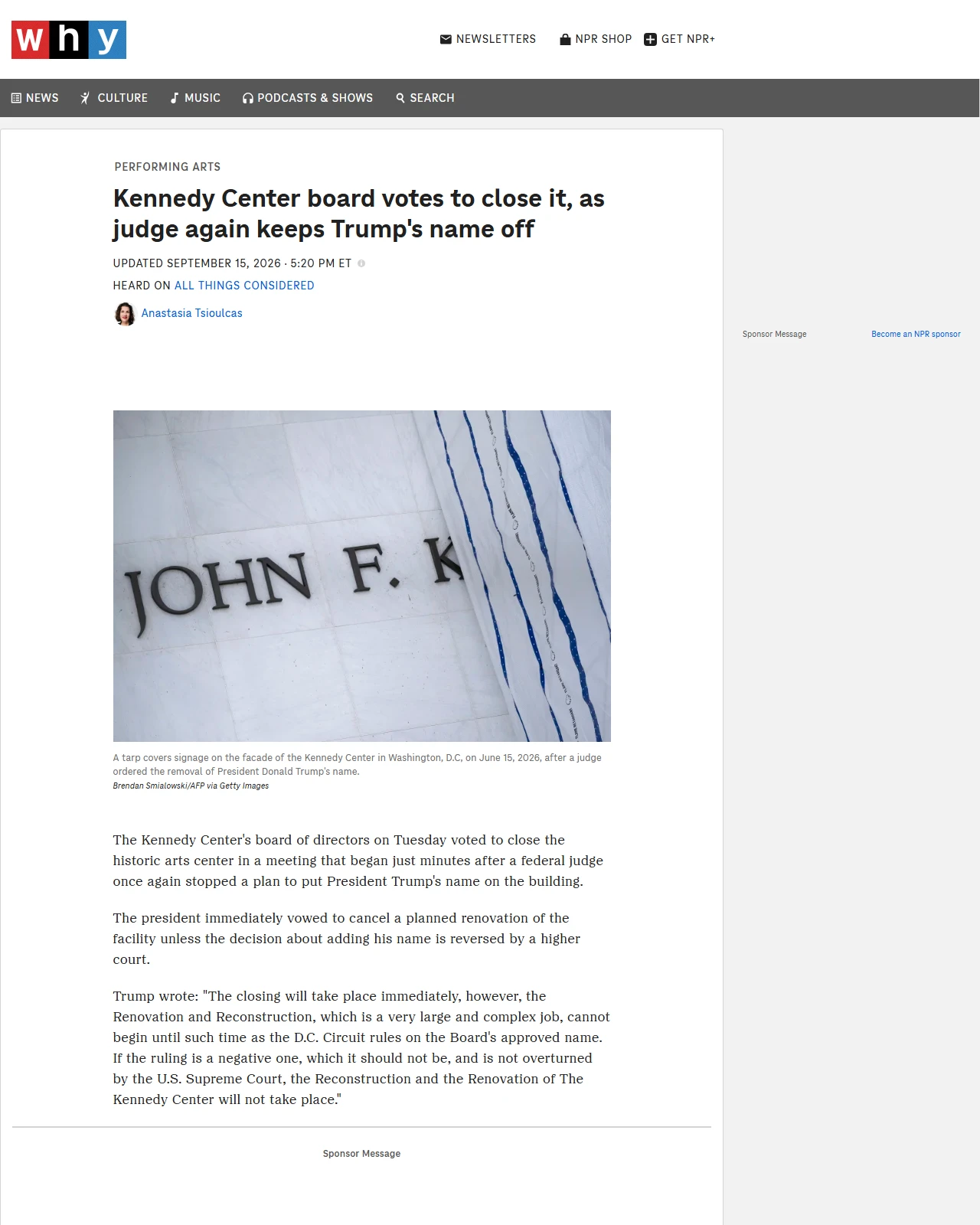 npr.org as published: Judge blocks plan to return Trump's name to the Kennedy Center