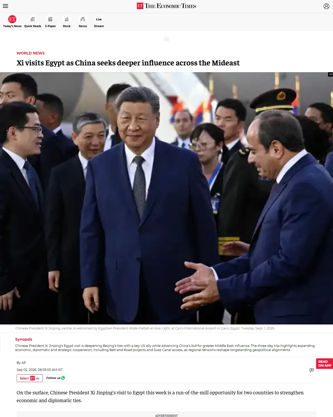 economictimes.com as published: Xi visits Egypt as China seeks deeper influence across the Mideast