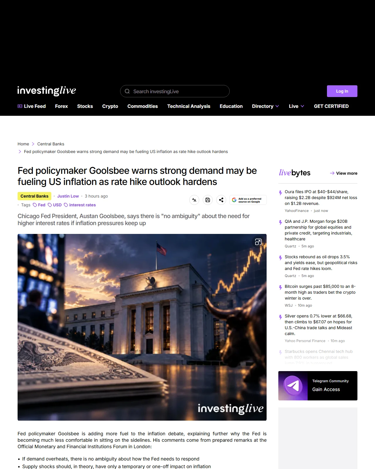 investinglive.com as published: Fed policymaker Goolsbee warns strong demand may be fueling US inflation as rate hike outlook hardens