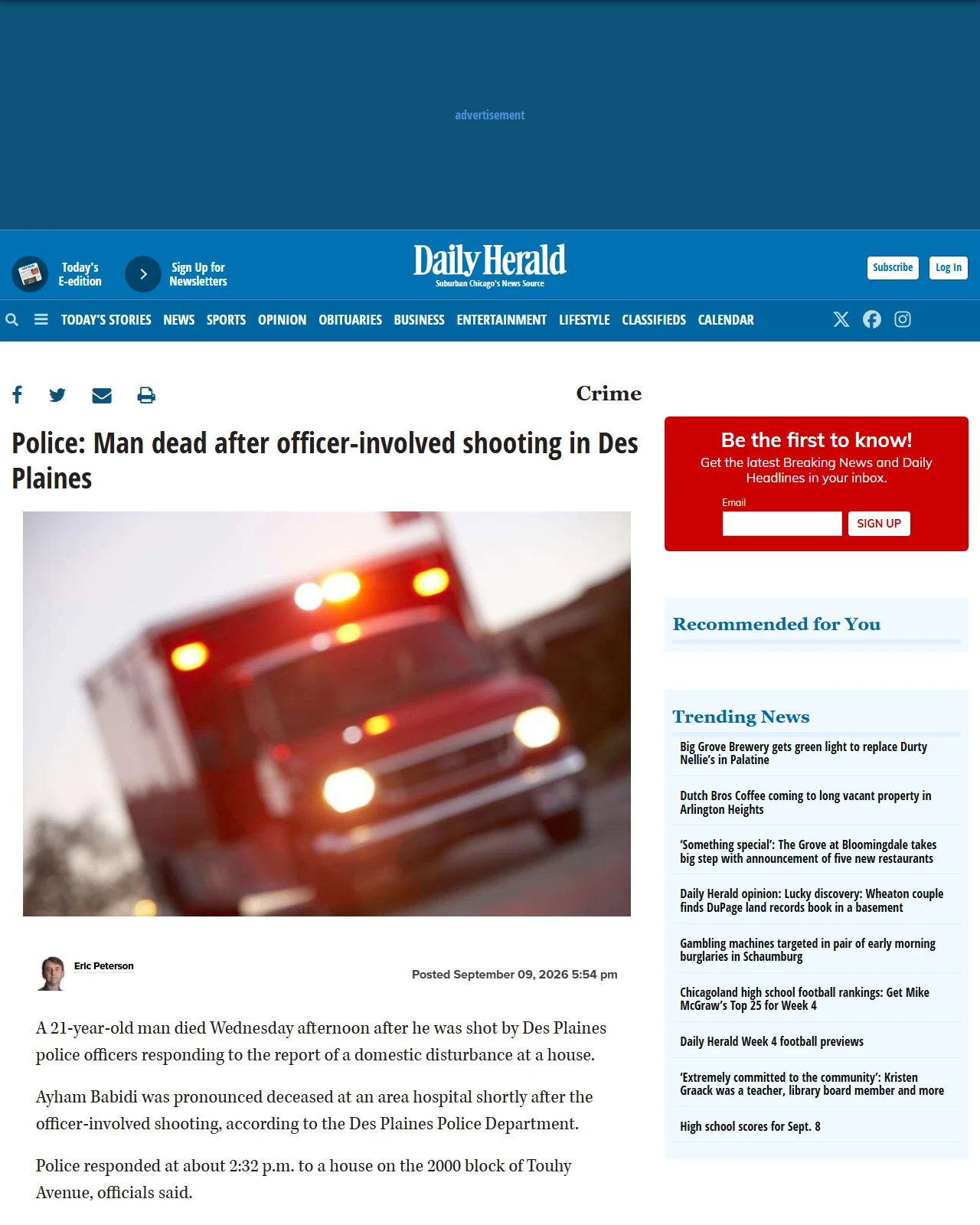 dailyherald.com as published: Police: Man dead after officer-involved shooting in Des Plaines