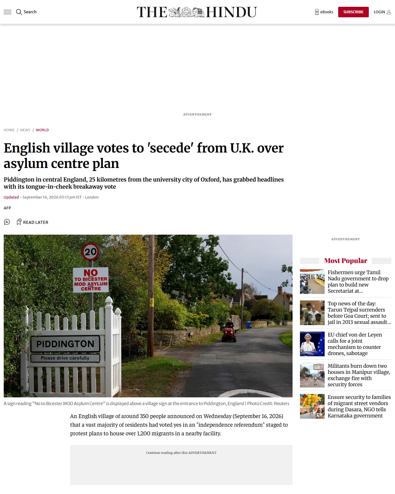 thehindu.com as published: English village votes to 'secede' from U.K. over asylum centre plan