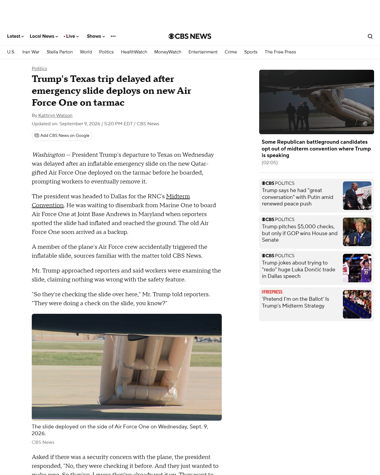 cbsnews.com as published: Trump's trip delayed after emergency slide deploys on new Air Force One