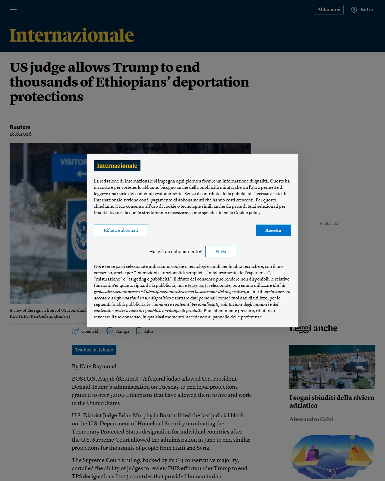 internazionale.it as published: US judge allows Trump to end thousands of Ethiopians’ deportation protections