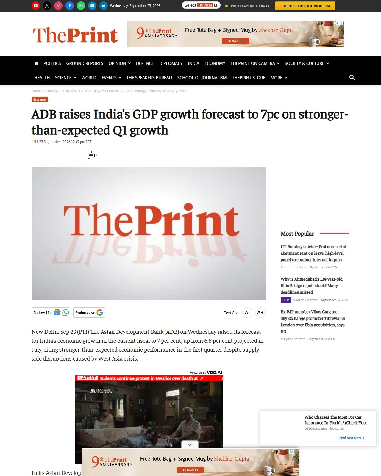 theprint.in as published: ADB raises India’s GDP growth forecast to 7pc on stronger-than-expected Q1 growth