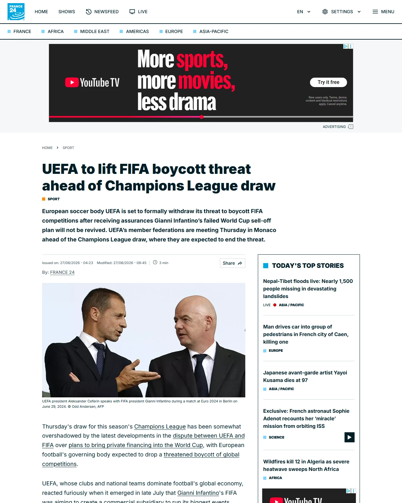 s.france24.com as published: UEFA to lift FIFA boycott threat ahead of Champions League draw