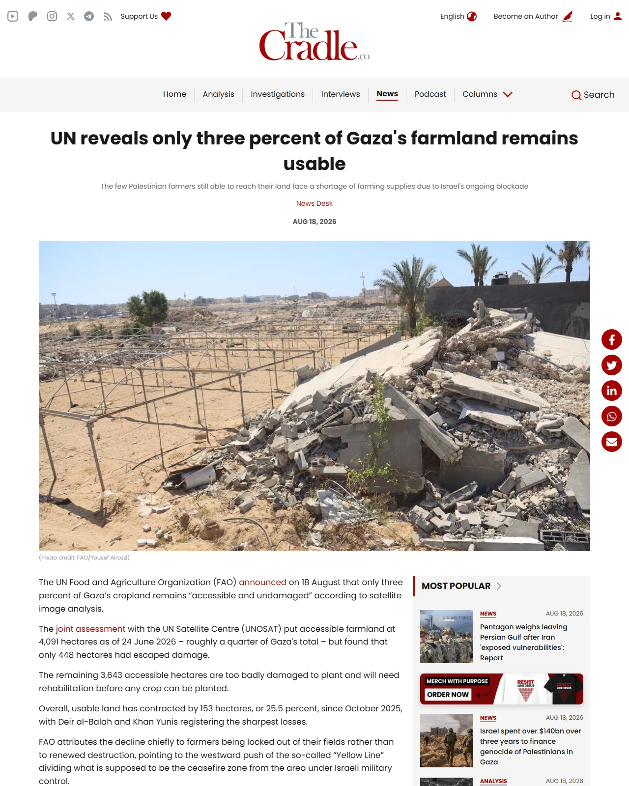 thecradle.co as published: UN reveals only three percent of Gaza's farmland remains usable
