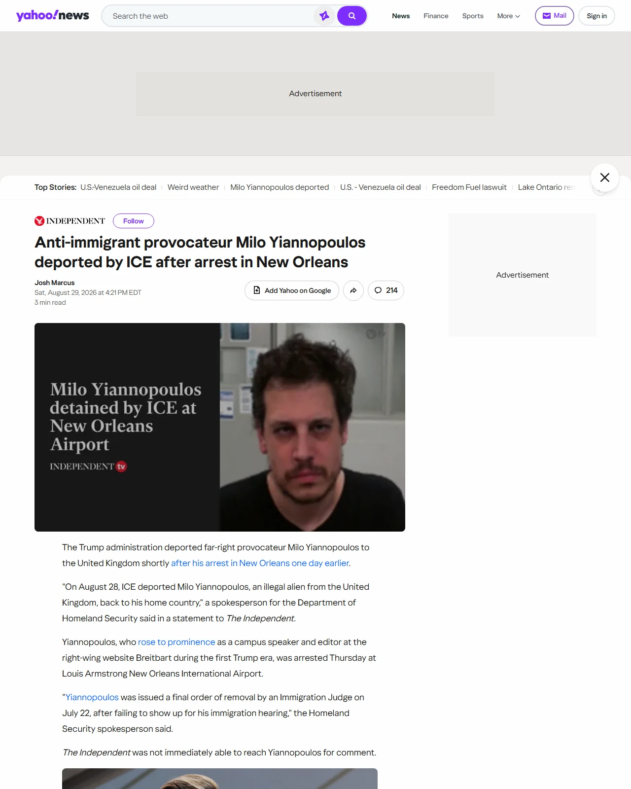 yahoo.com as published: Anti-immigrant provocateur Milo Yiannopoulos deported by ICE after arrest in New Orleans