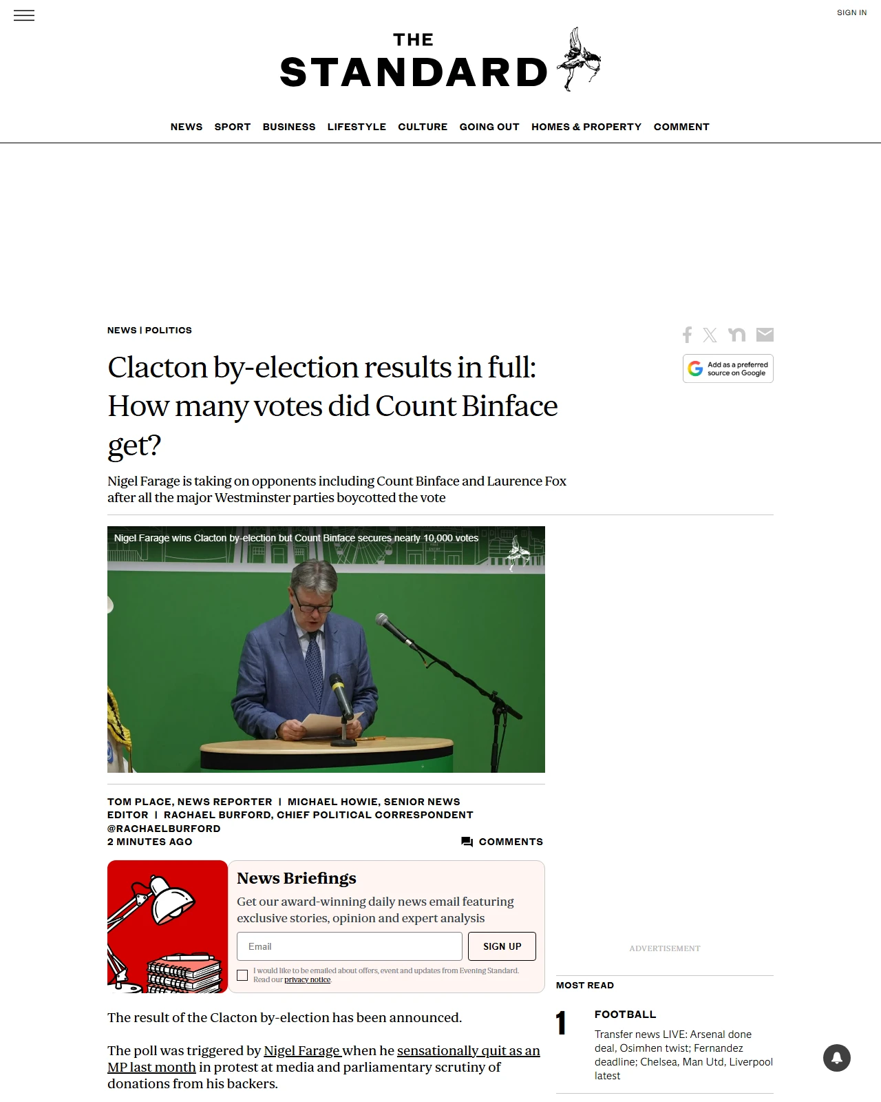 standard.co.uk as published: Clacton by-election results in full: How many votes did Count Binface get?
