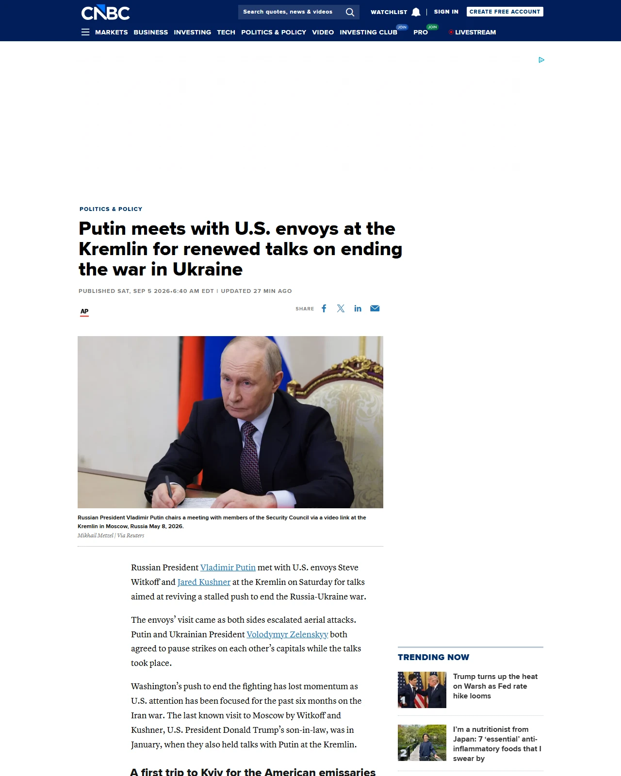 cnbc.com as published: Putin orders a 72-hour pause in strikes on Kyiv as U.S. envoys Witkoff and Kushner visit Russia and Ukraine