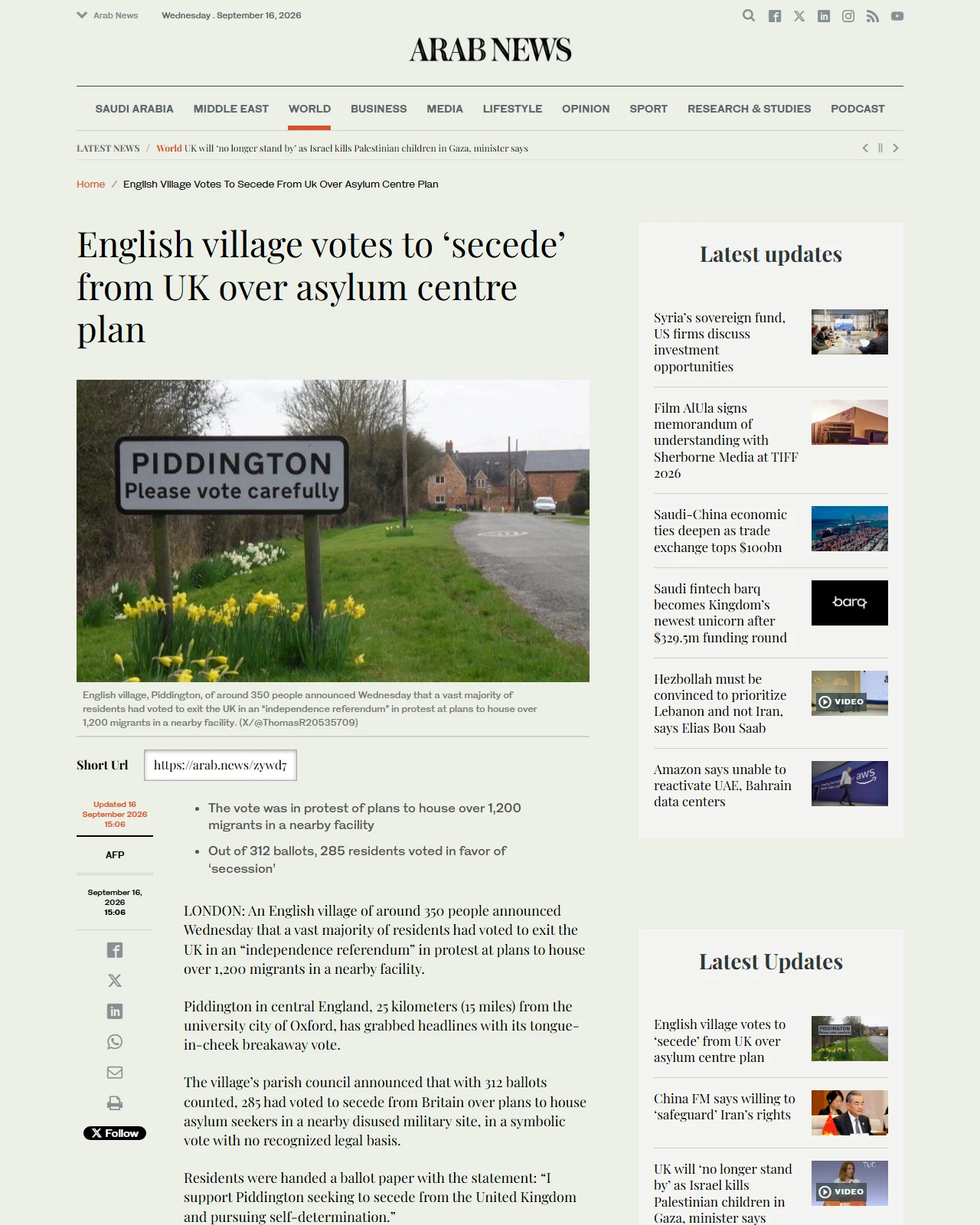 arabnews.com as published: English village votes to ‘secede’ from UK over asylum centre plan
