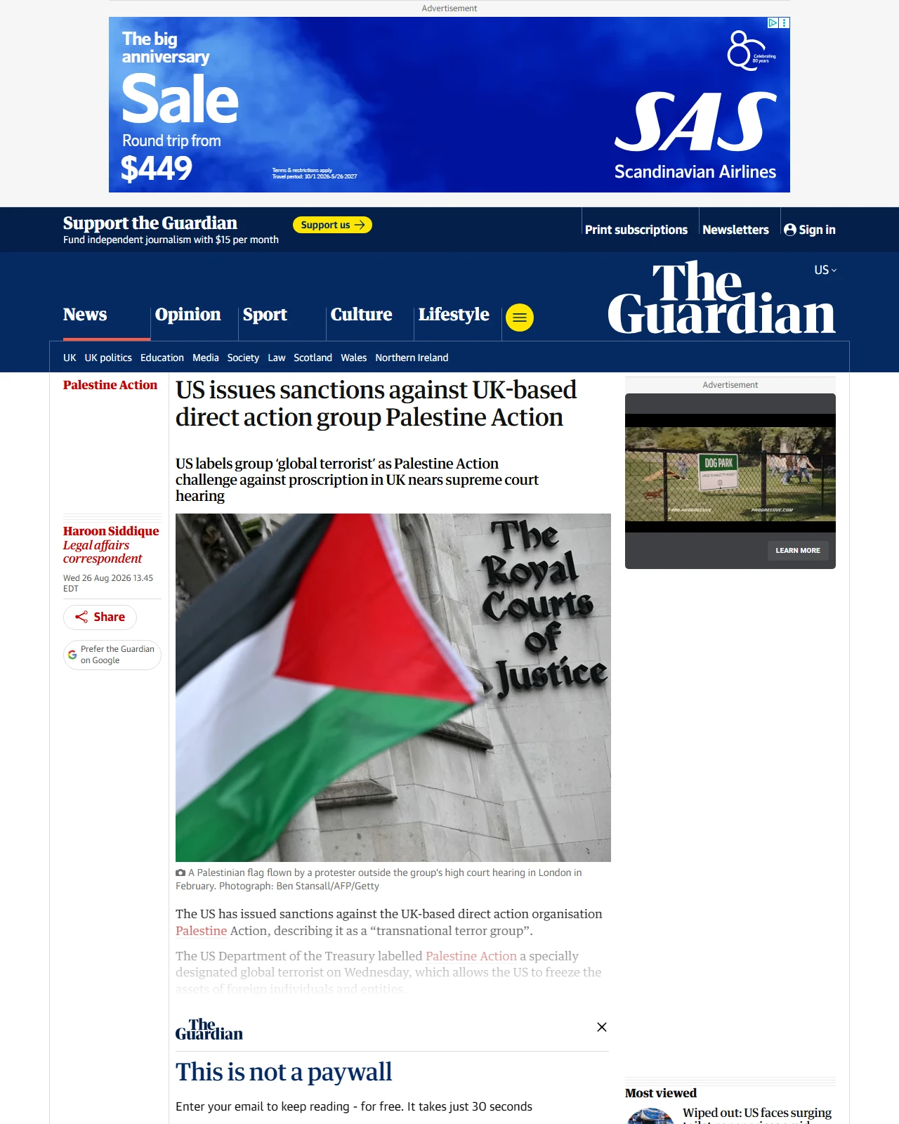 theguardian.com as published: US issues sanctions against UK-based direct action group Palestine Action