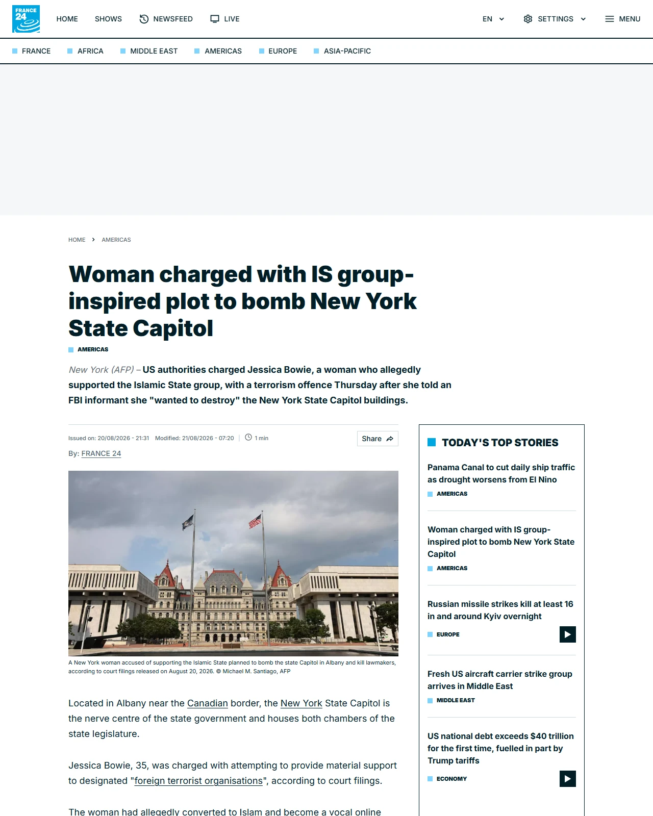 france24.com as published: Woman charged with IS group-inspired plot to bomb New York State Capitol