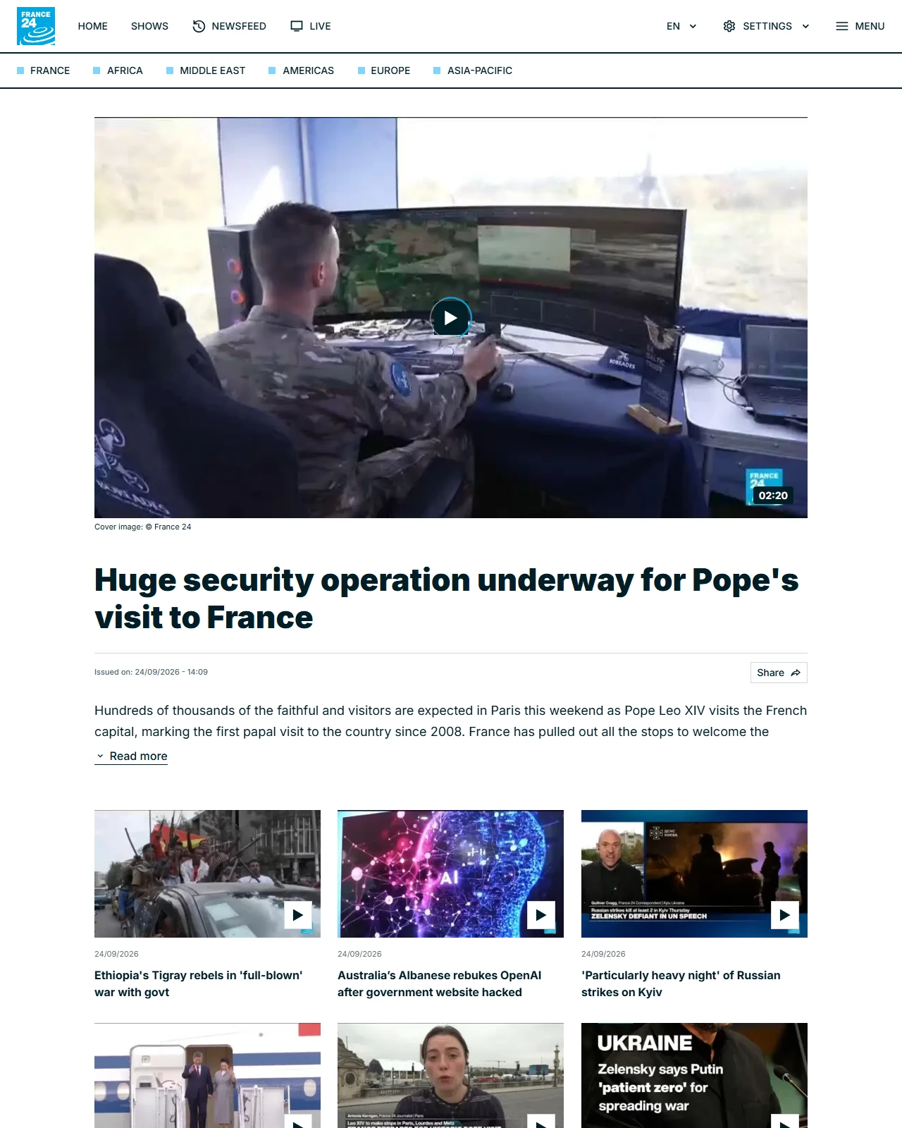 france24.com as published: Huge security operation underway for Pope's visit to France