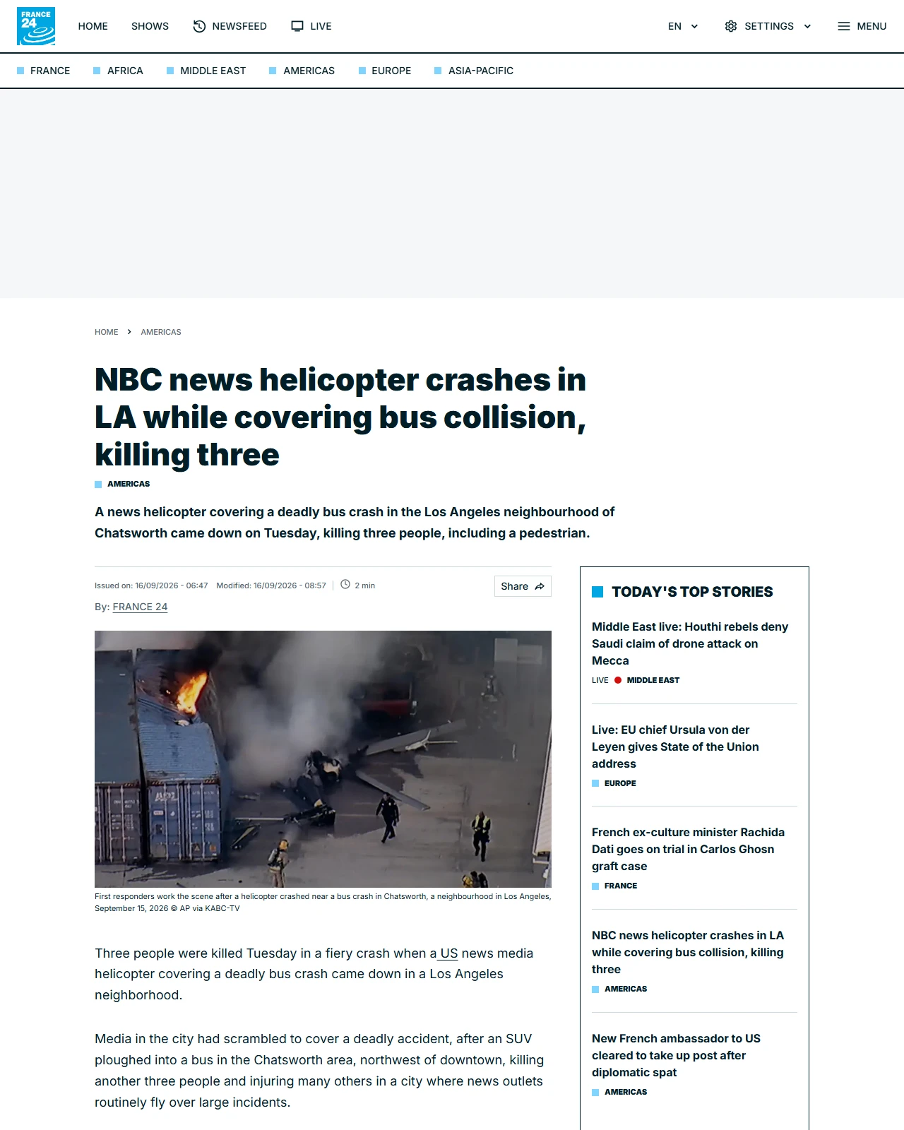 s.france24.com as published: NBC news helicopter crashes in LA while covering bus collision, killing three