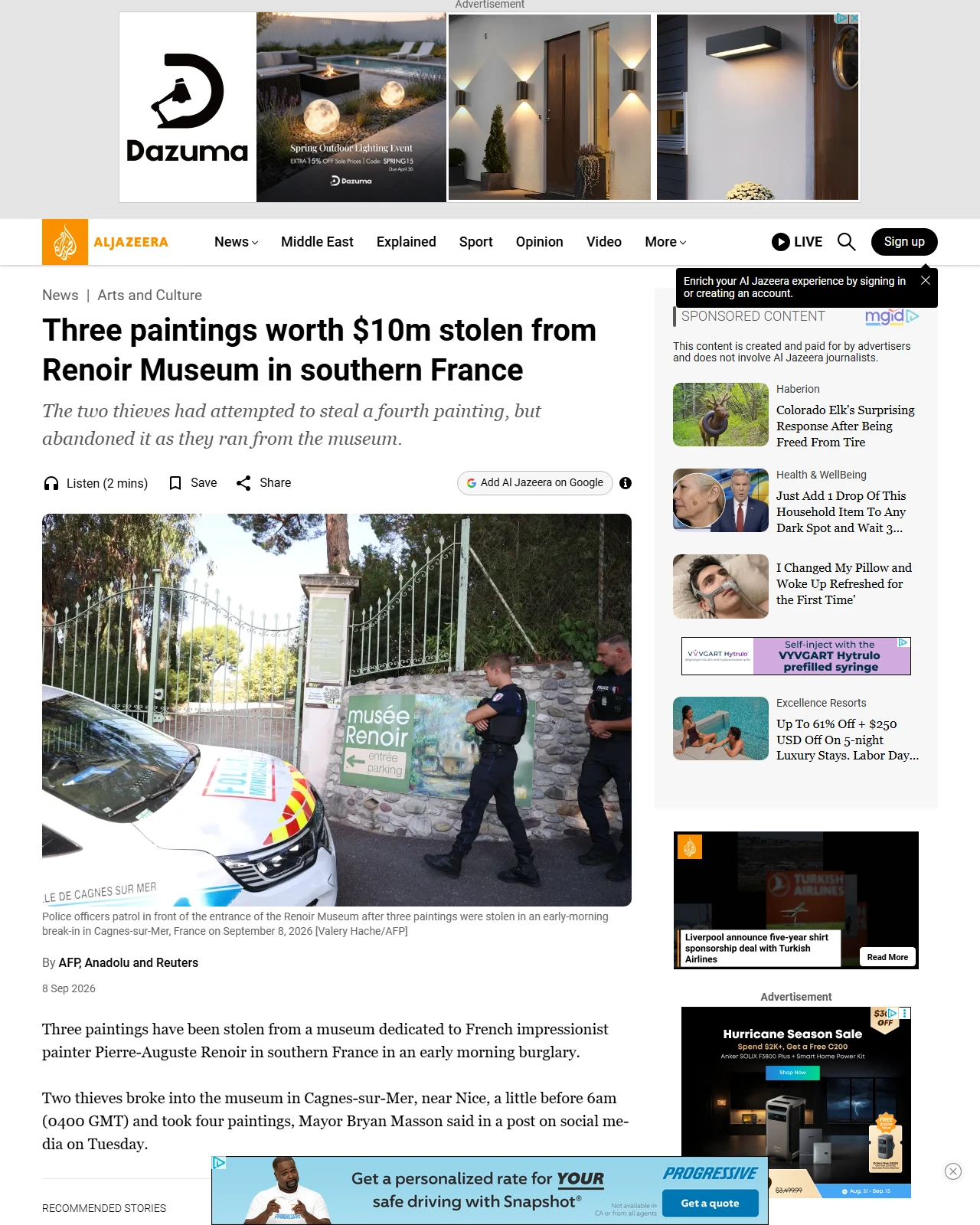 aljazeera.com as published: Three paintings worth $10m stolen from Renoir Museum in southern France