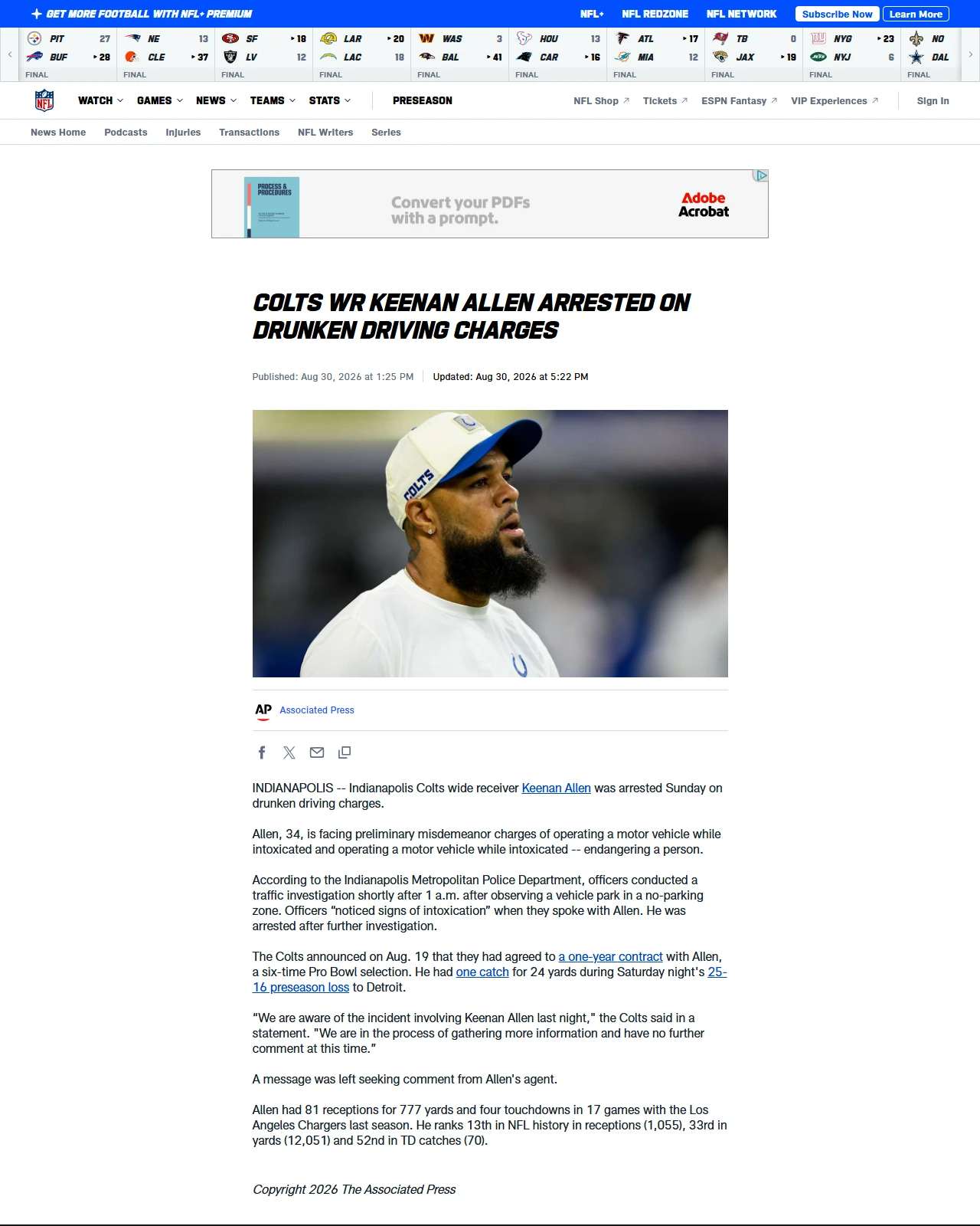 nfl.com as published: Colts WR Keenan Allen arrested on drunken driving charges
