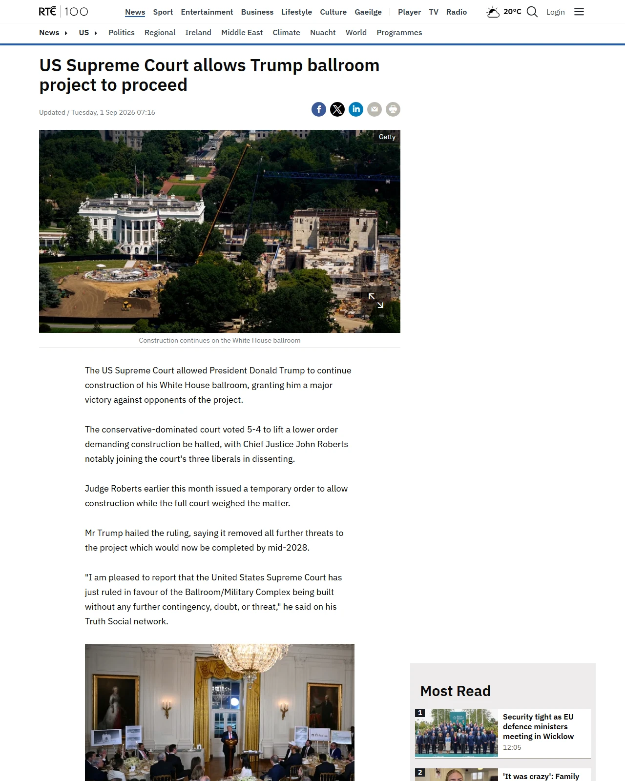rte.ie as published: US Supreme Court allows Trump ballroom project to proceed