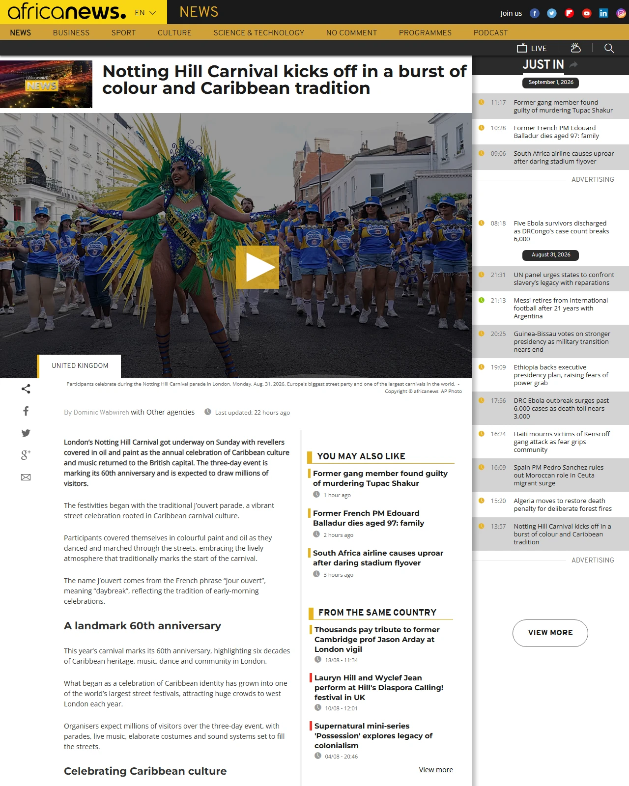 africanews.com as published: Notting Hill Carnival kicks off in a burst of colour and Caribbean tradition