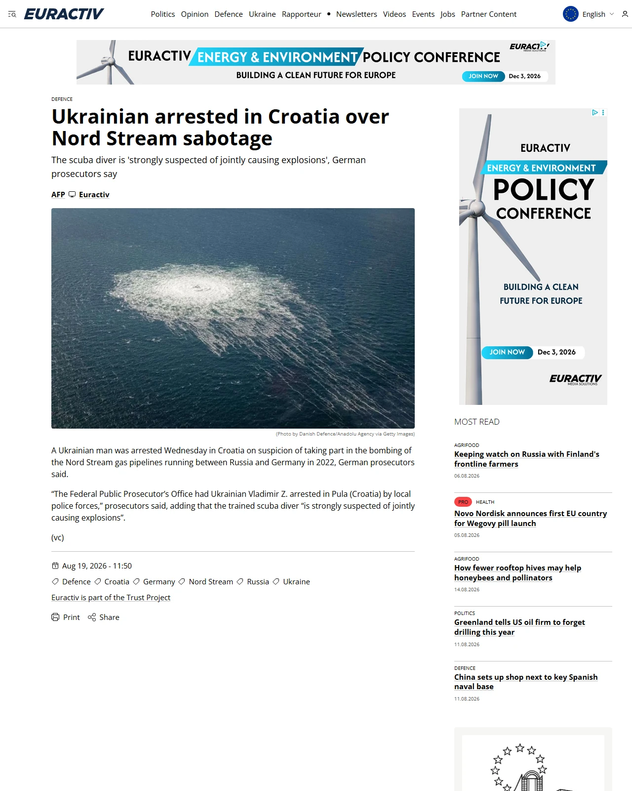 euractiv.com as published: Ukrainian arrested in Croatia over Nord Stream sabotage