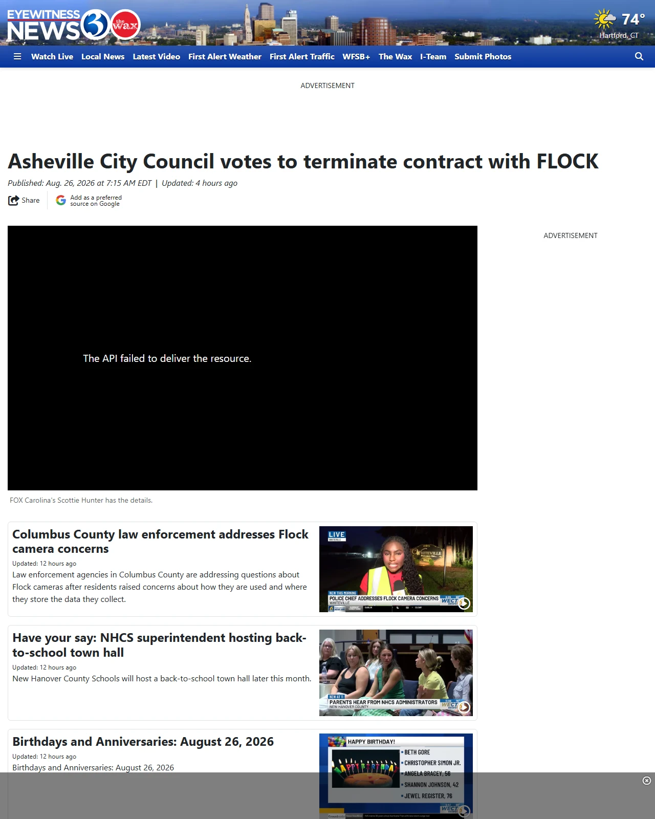 wfsb.com as published: Asheville City Council votes to terminate contract with FLOCK