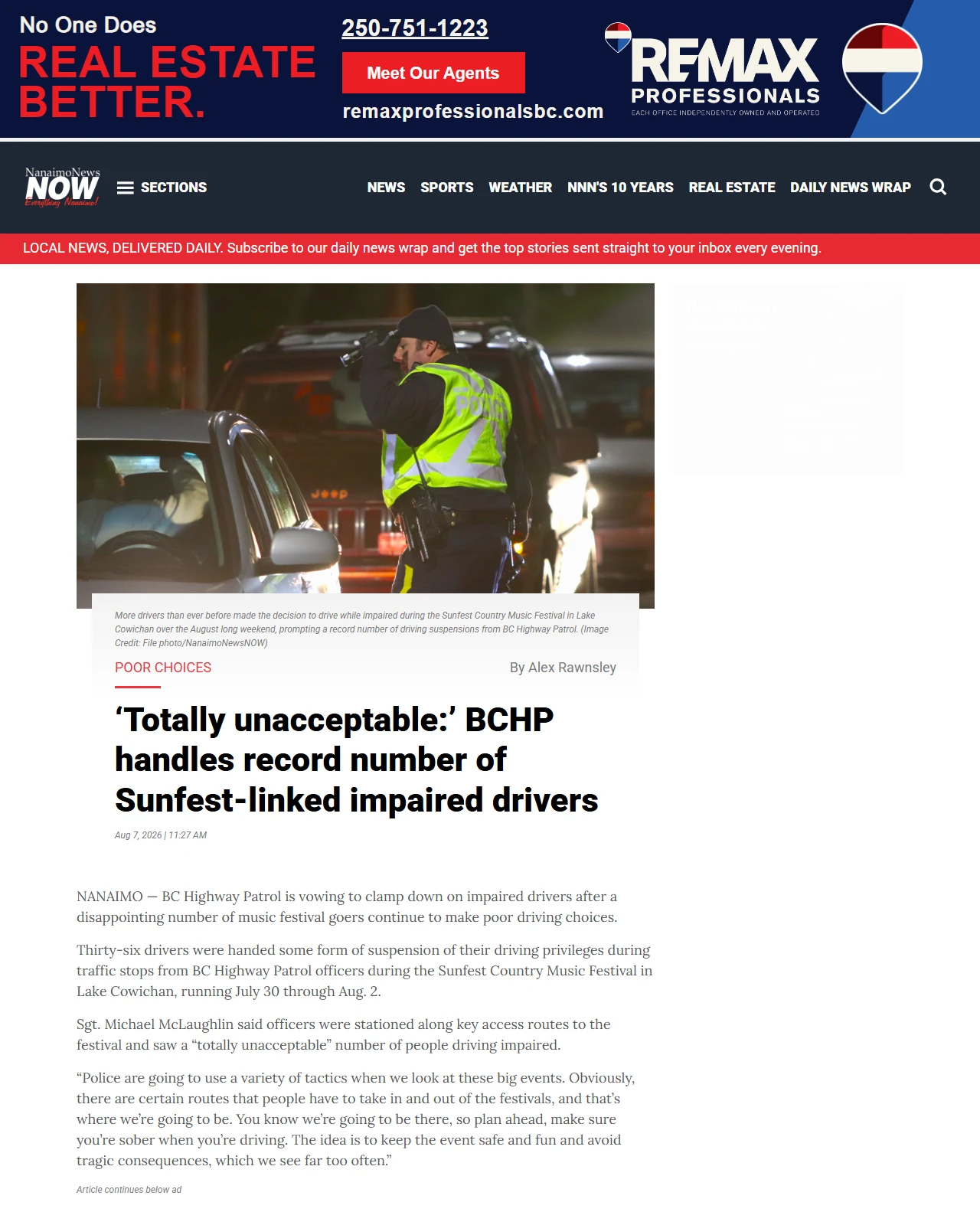 nanaimonewsnow.com as published: ‘Totally unacceptable:’ BCHP handles record number of Sunfest-linked impaired drivers