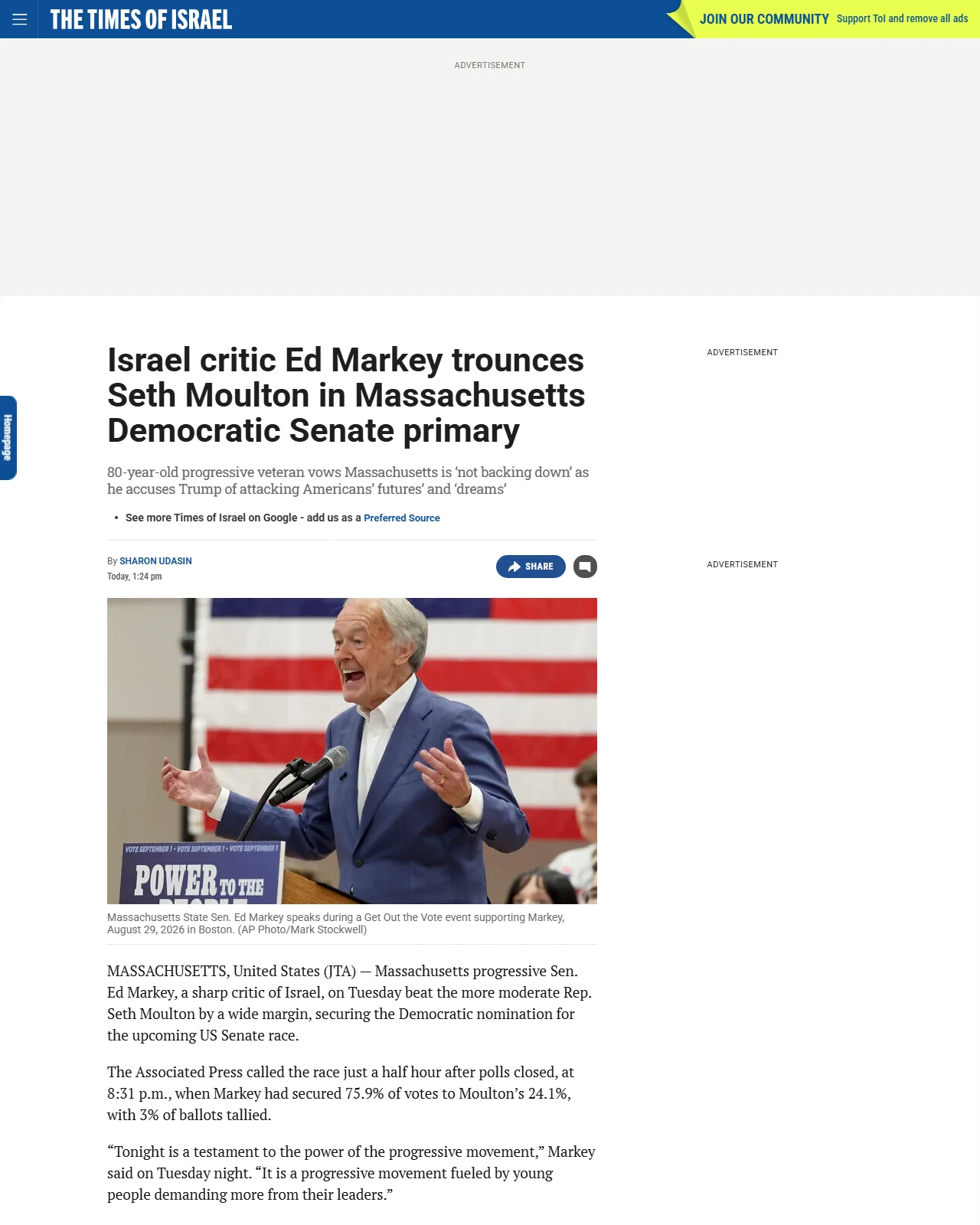 timesofisrael.com as published: Israel critic Ed Markey trounces Seth Moulton in Massachusetts Democratic Senate primary