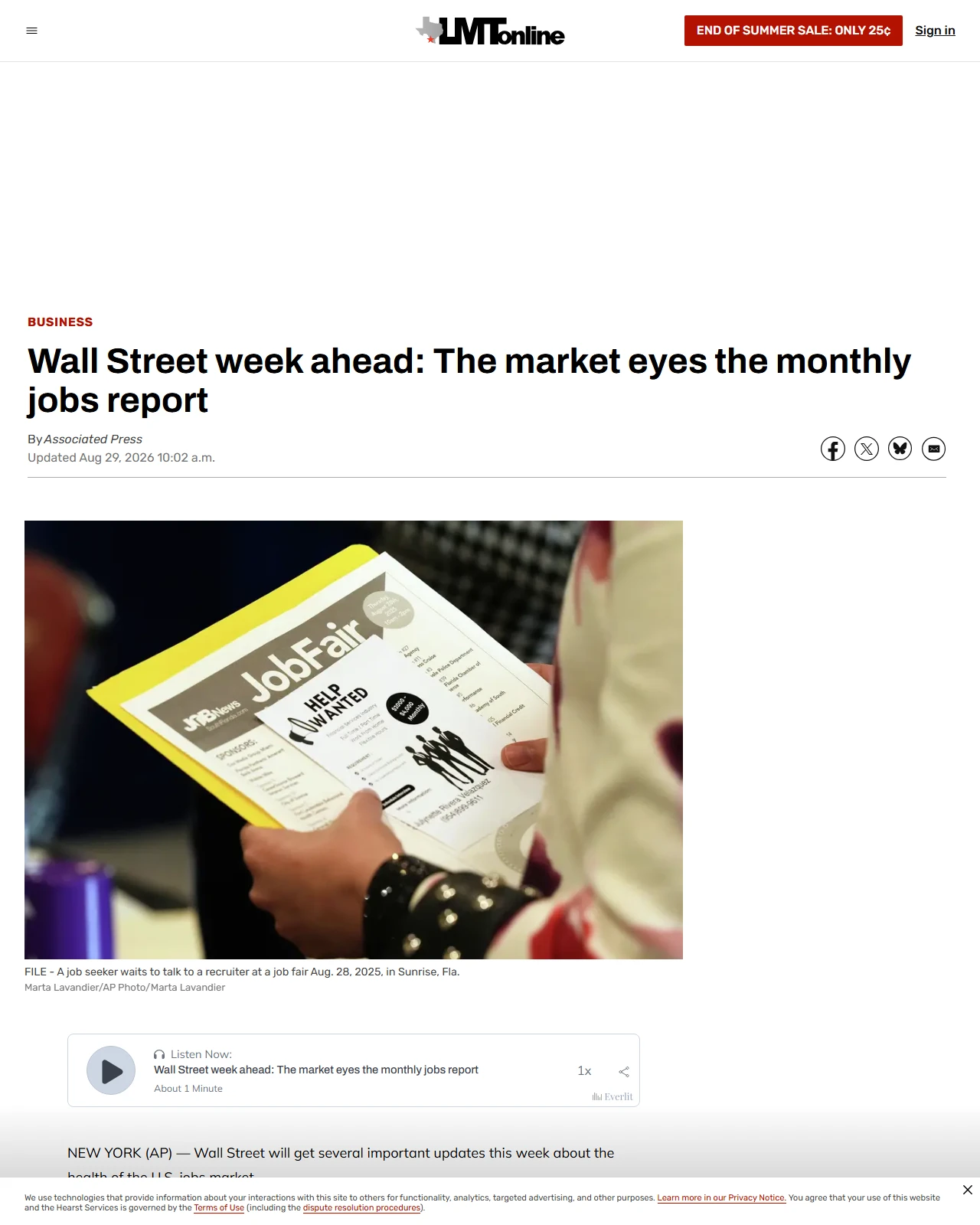 lmtonline.com as published: Wall Street week ahead: The market eyes the monthly jobs report