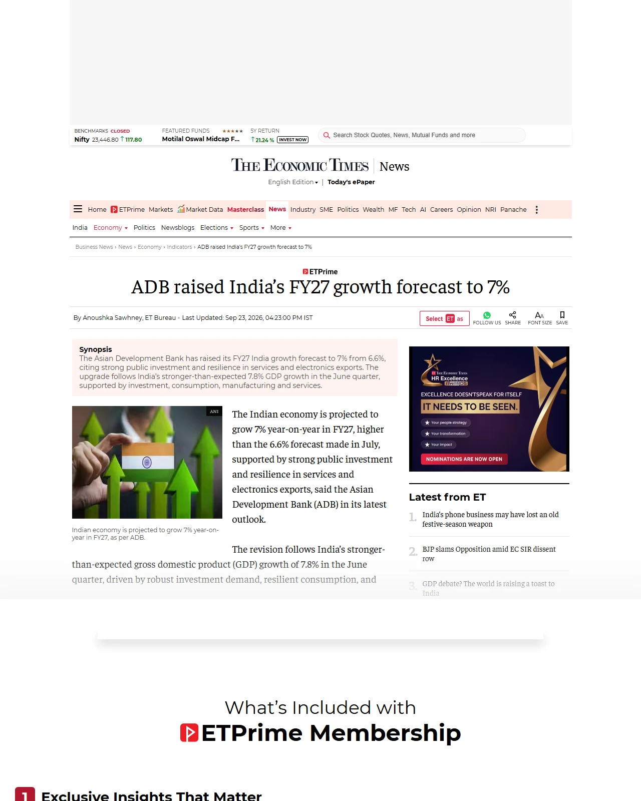 economictimes.com as published: ADB raised India’s FY27 growth forecast to 7%