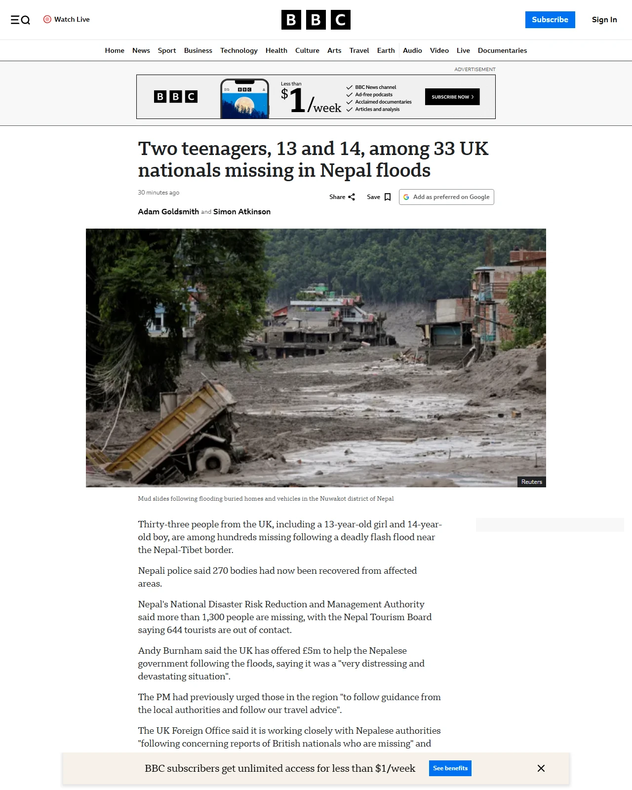 bbc.co.uk as published: Two teenagers, 13 and 14, among 33 UK nationals missing in Nepal floods