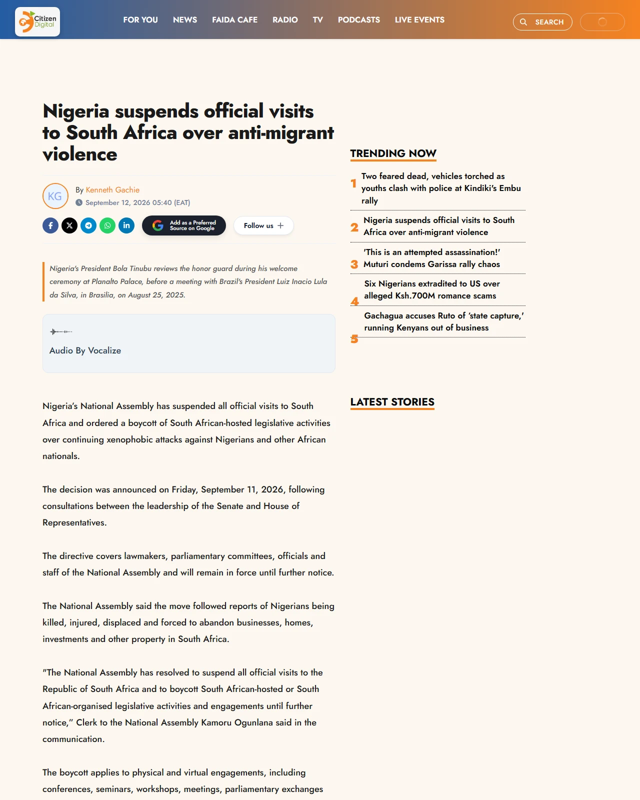 citizen.digital as published: Nigeria suspends official visits to South Africa over anti-migrant violence