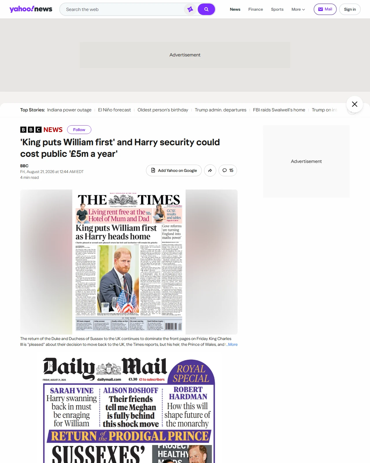 yahoo.com as published: 'King puts William first' and Harry security could cost public '£5m a year'