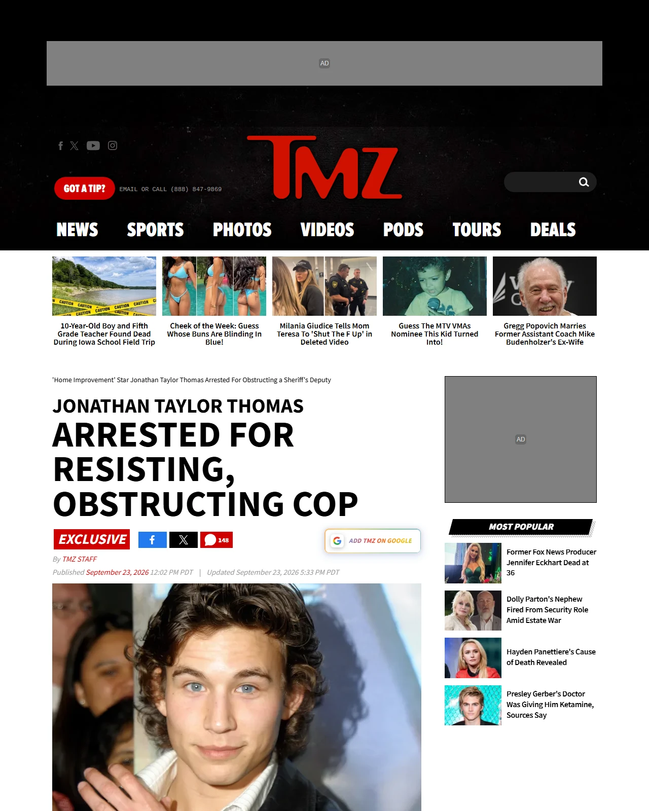tmz.com as published: 'Home Improvement' Star Jonathan Taylor Thomas Arrested For Obstructing a Sheriff's Deputy
