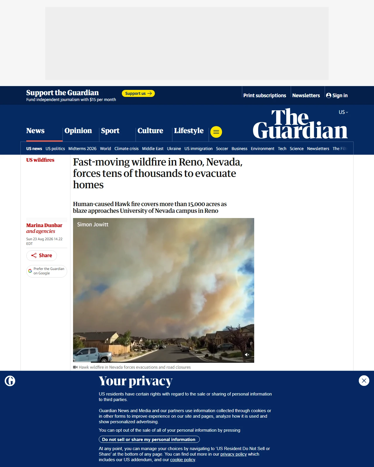 theguardian.com as published: Fast-moving wildfire in Reno, Nevada, forces thousands to evacuate homes