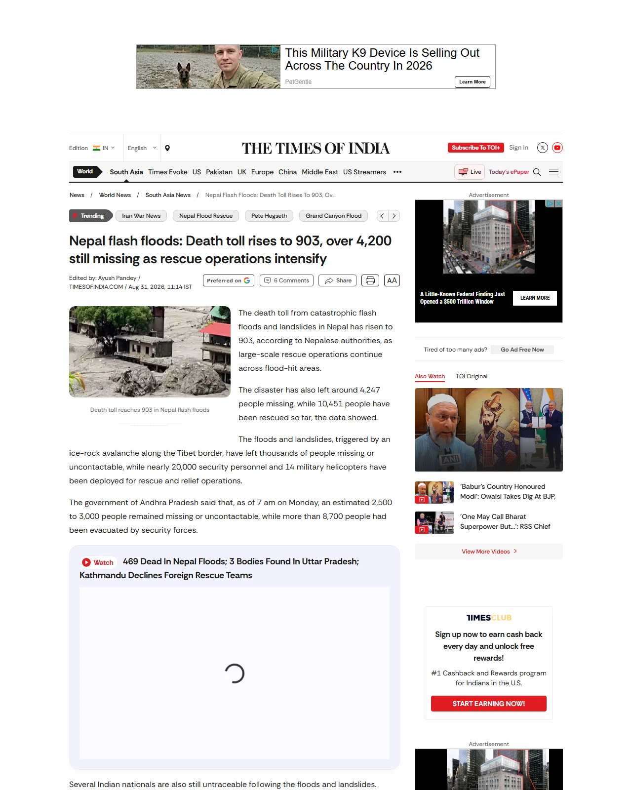 timesofindia.indiatimes.com as published: Nepal flash floods: Death toll rises to 903, over 4,200 still missing