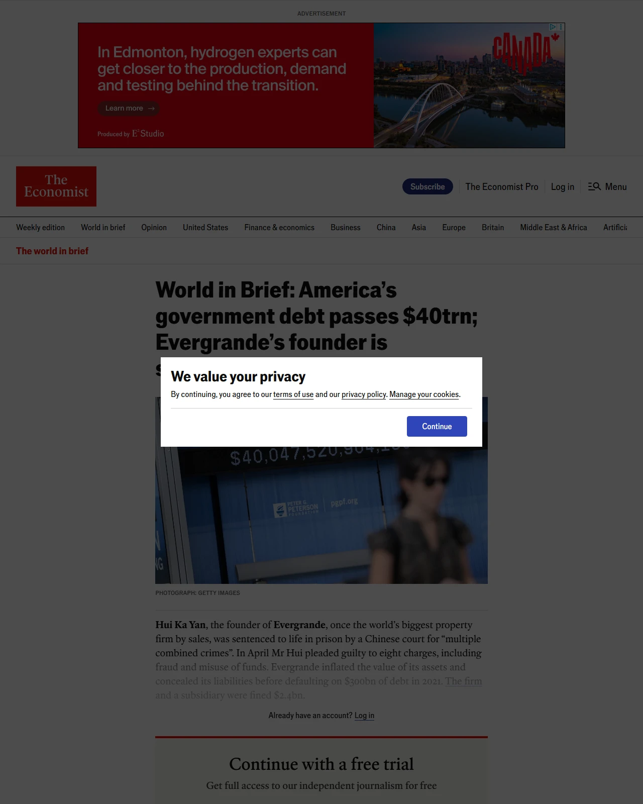 economist.com as published: World in Brief: America’s government debt passes $40trn; Evergrande’s founder is sentenced