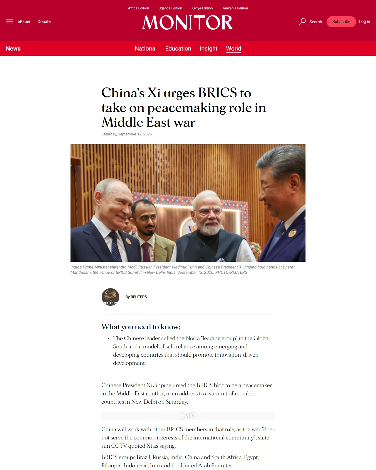 monitor.co.ug as published: China's Xi urges BRICS to take on peacemaking role in Middle East war