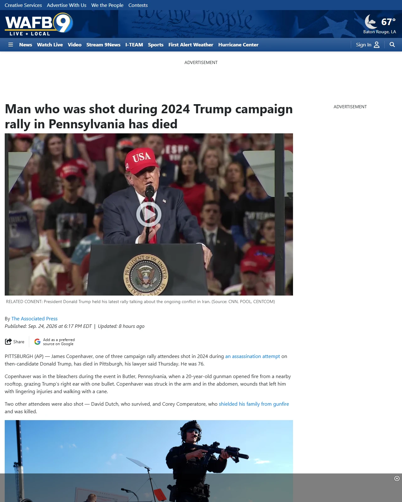 wafb.com as published: Man who was shot during 2024 Trump campaign rally in Pennsylvania has died