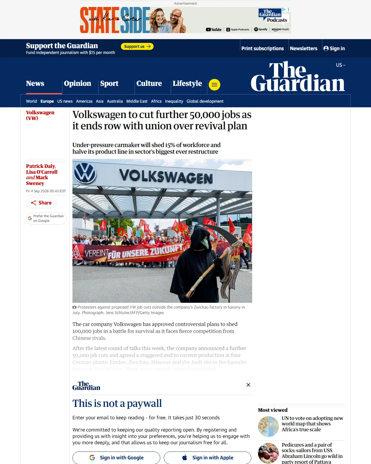 theguardian.com as published: Volkswagen to cut further 50,000 jobs as it ends row with union over revival plan