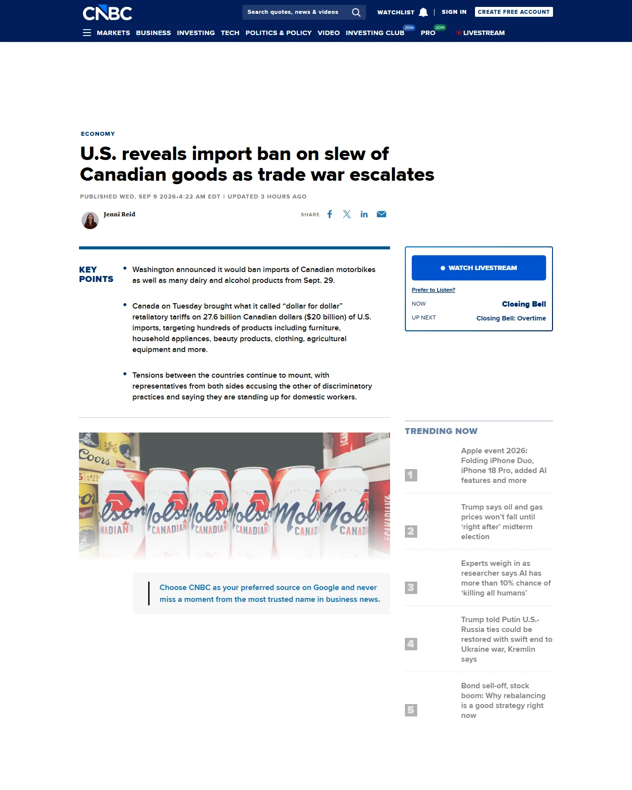 cnbc.com as published: U.S. reveals import ban on slew of Canadian goods as trade war escalates