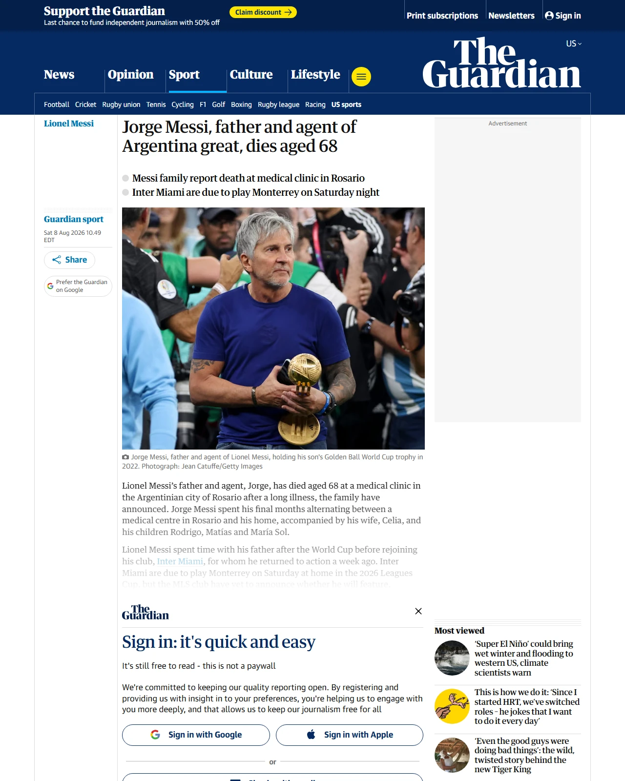 theguardian.com as published: Jorge Messi, father and agent of Argentina great, dies aged 68