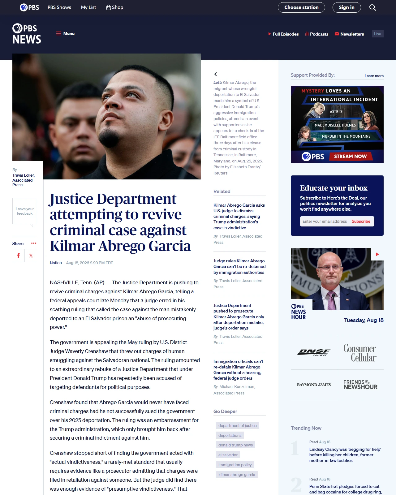 pbs.org as published: Justice Department attempting to revive criminal case against Kilmar Abrego Garcia