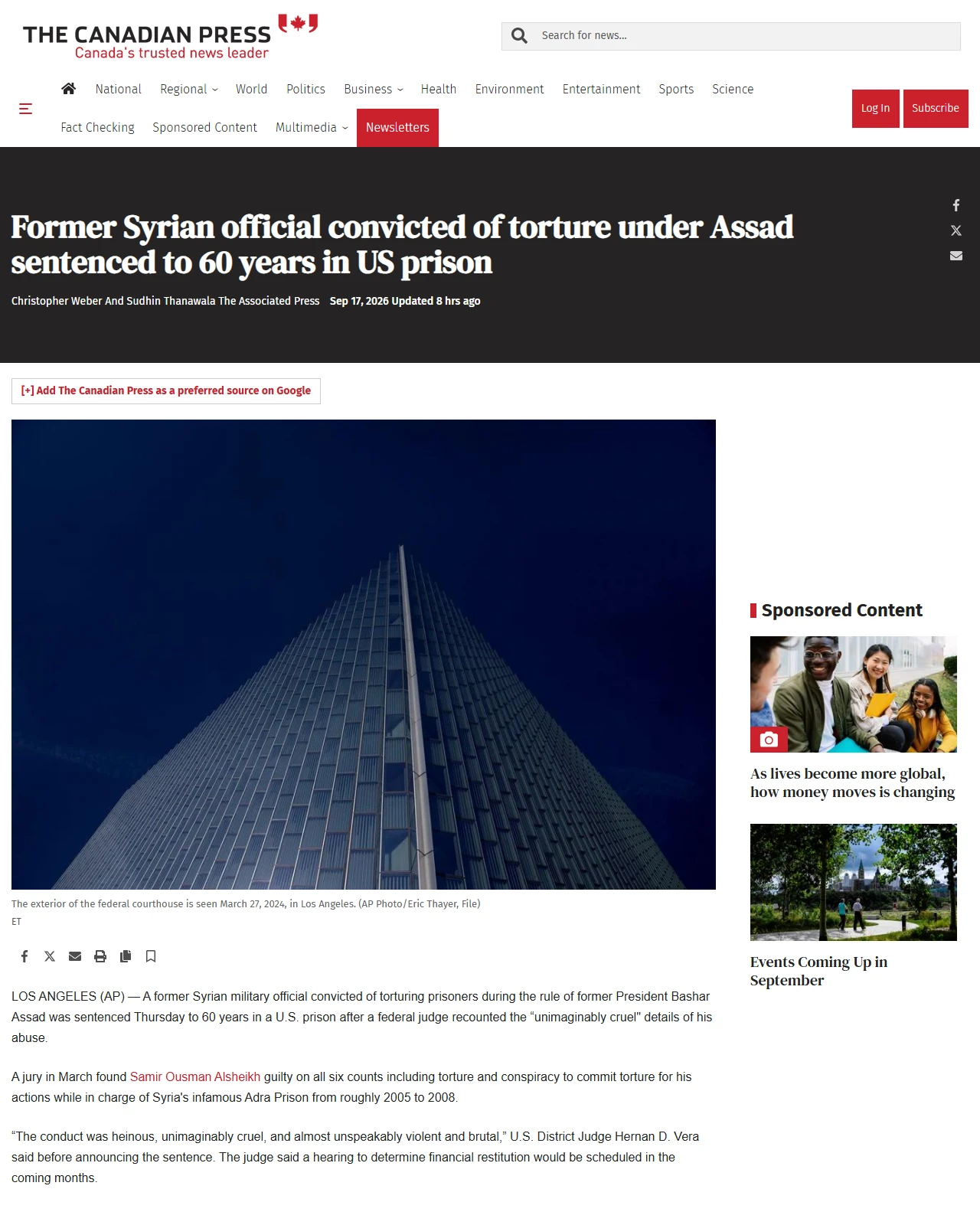 thecanadianpressnews.ca as published: Former Syrian official convicted of torture under Assad sentenced to 60 years in US prison