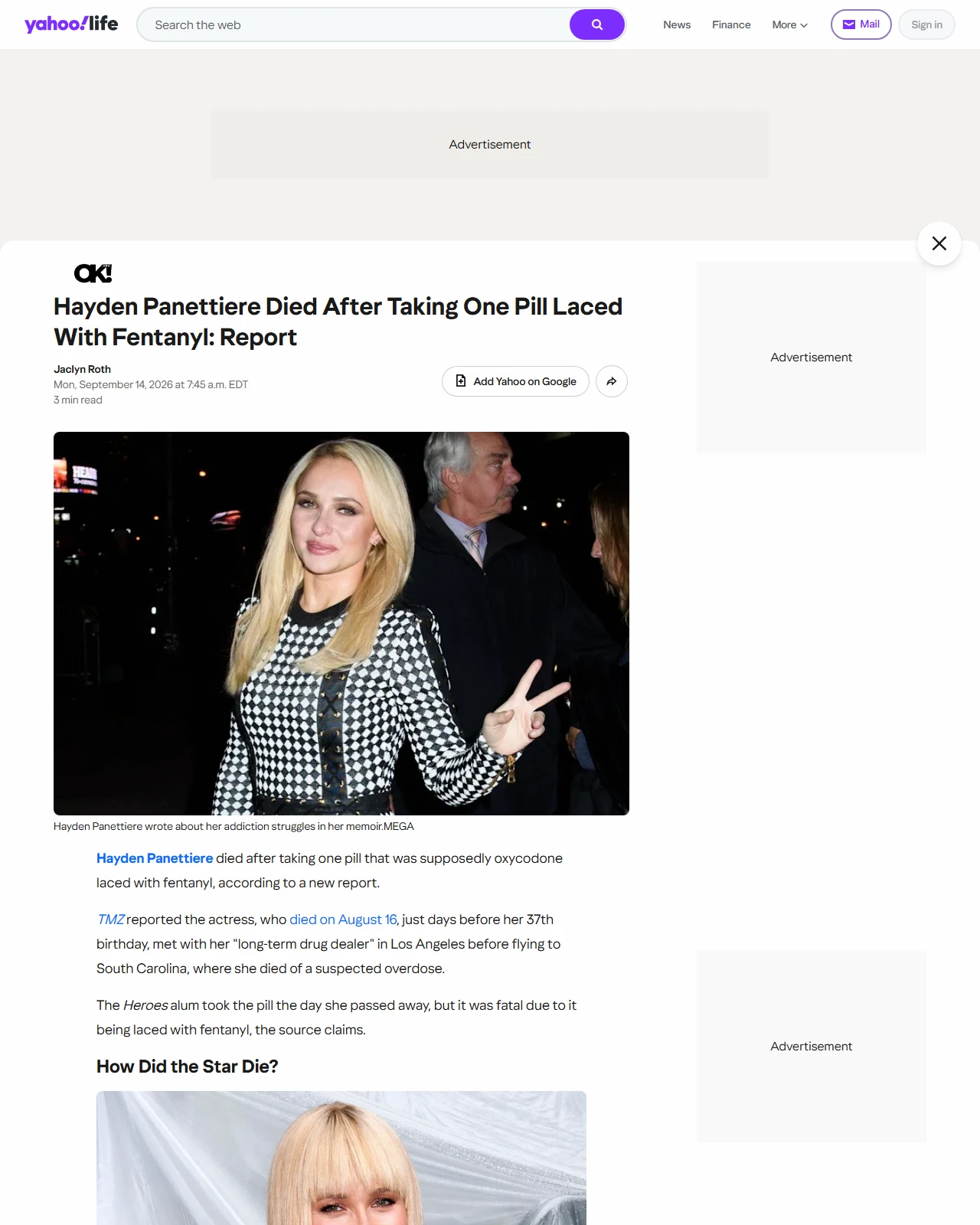ca.style.yahoo.com as published: Hayden Panettiere Died After Taking One Pill Laced With Fentanyl: Report