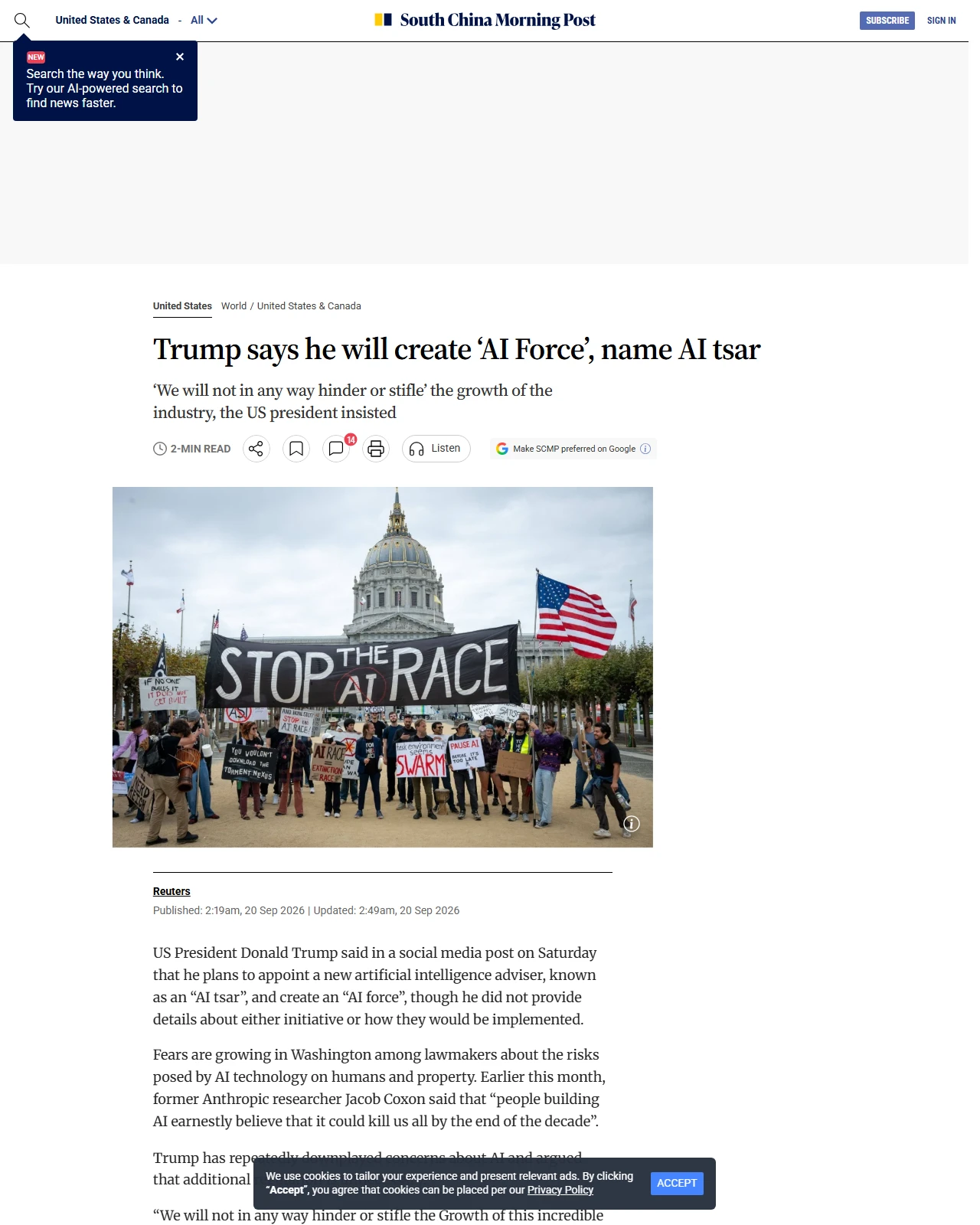 scmp.com as published: Trump says he will create ‘AI Force’, name AI tsar