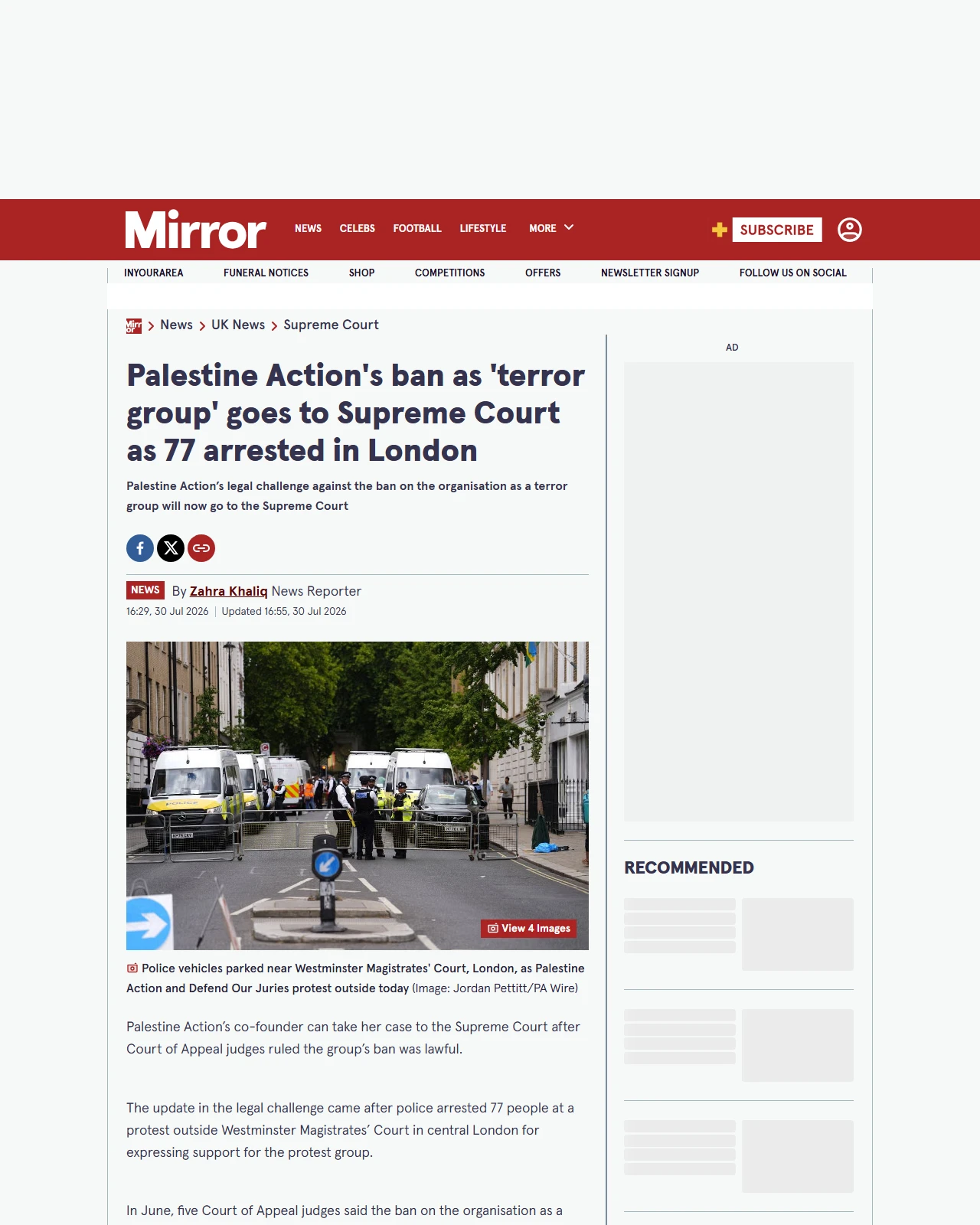 mirror.co.uk as published: Palestine Action's ban as 'terror group' goes to Supreme Court as 77 arrested in London
