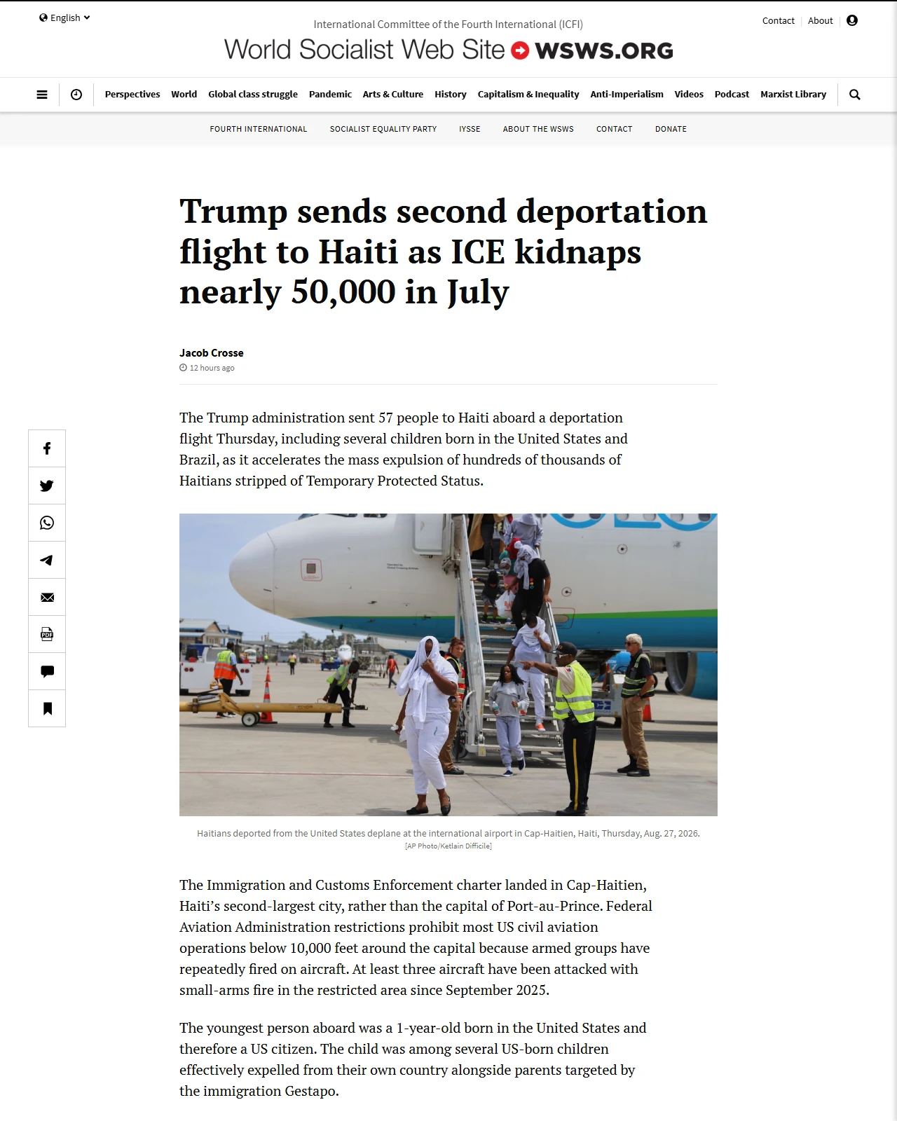 wsws.org as published: Trump sends second deportation flight to Haiti as ICE kidnaps nearly 50,000 in July