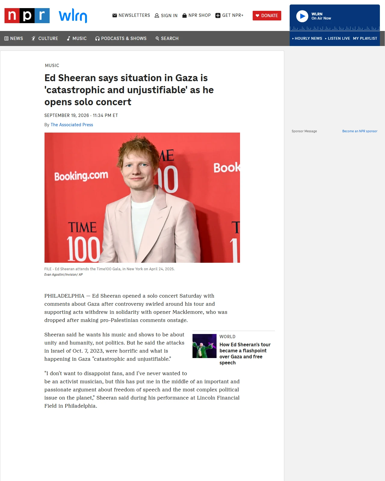 npr.org as published: Ed Sheeran says situation in Gaza is 'catastrophic and unjustifiable' as he opens solo concert